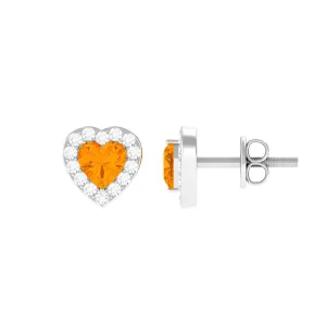 Heart Shape Fire Opal Halo Stud Earrings with Diamond