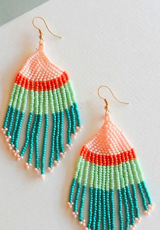 Helena Coral and Mint Fringe Beaded Drop Dangle Earrings