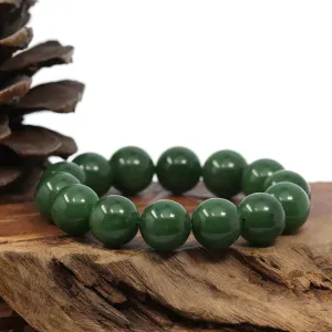 High RealJade® Co. Genuine Green Nephrite Jade Large Round Beads Men's Bracelet( 14.8mm )