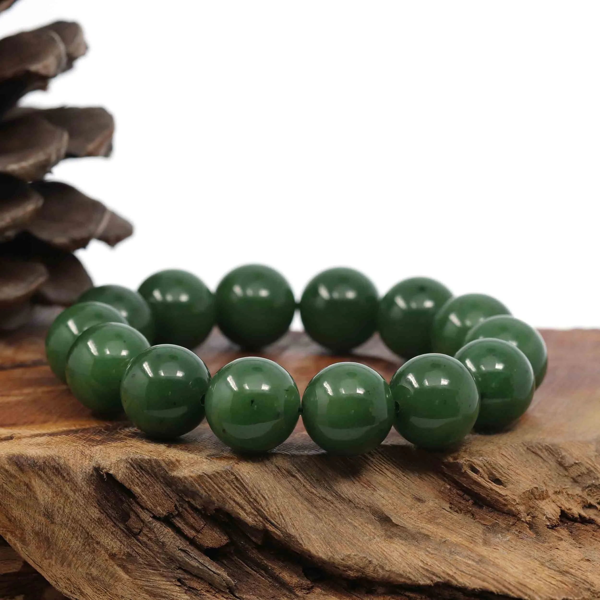 High RealJade® Co. Genuine Green Nephrite Jade Large Round Beads Men's Bracelet( 14.8mm )