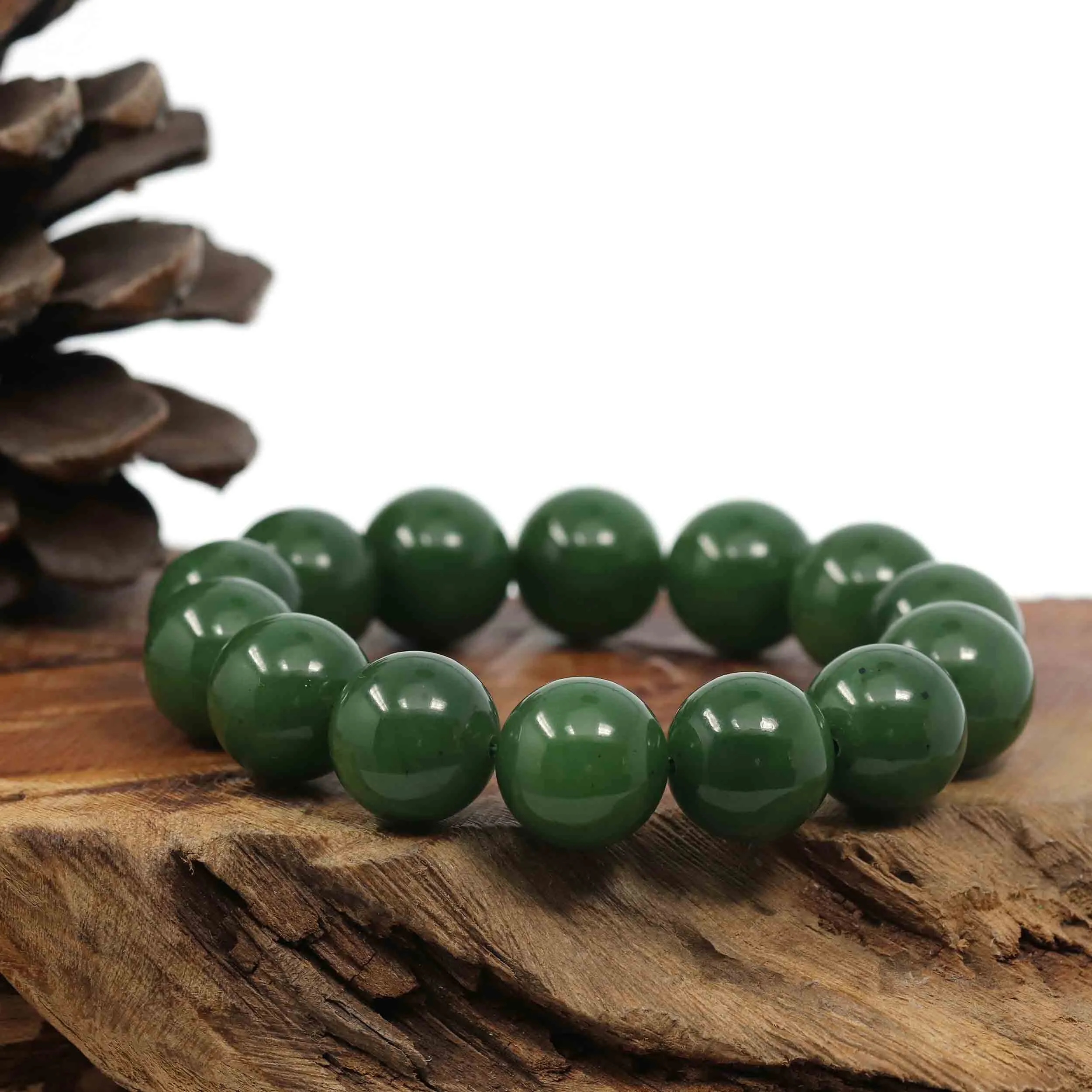 High RealJade® Co. Genuine Green Nephrite Jade Large Round Beads Men's Bracelet( 14.8mm )
