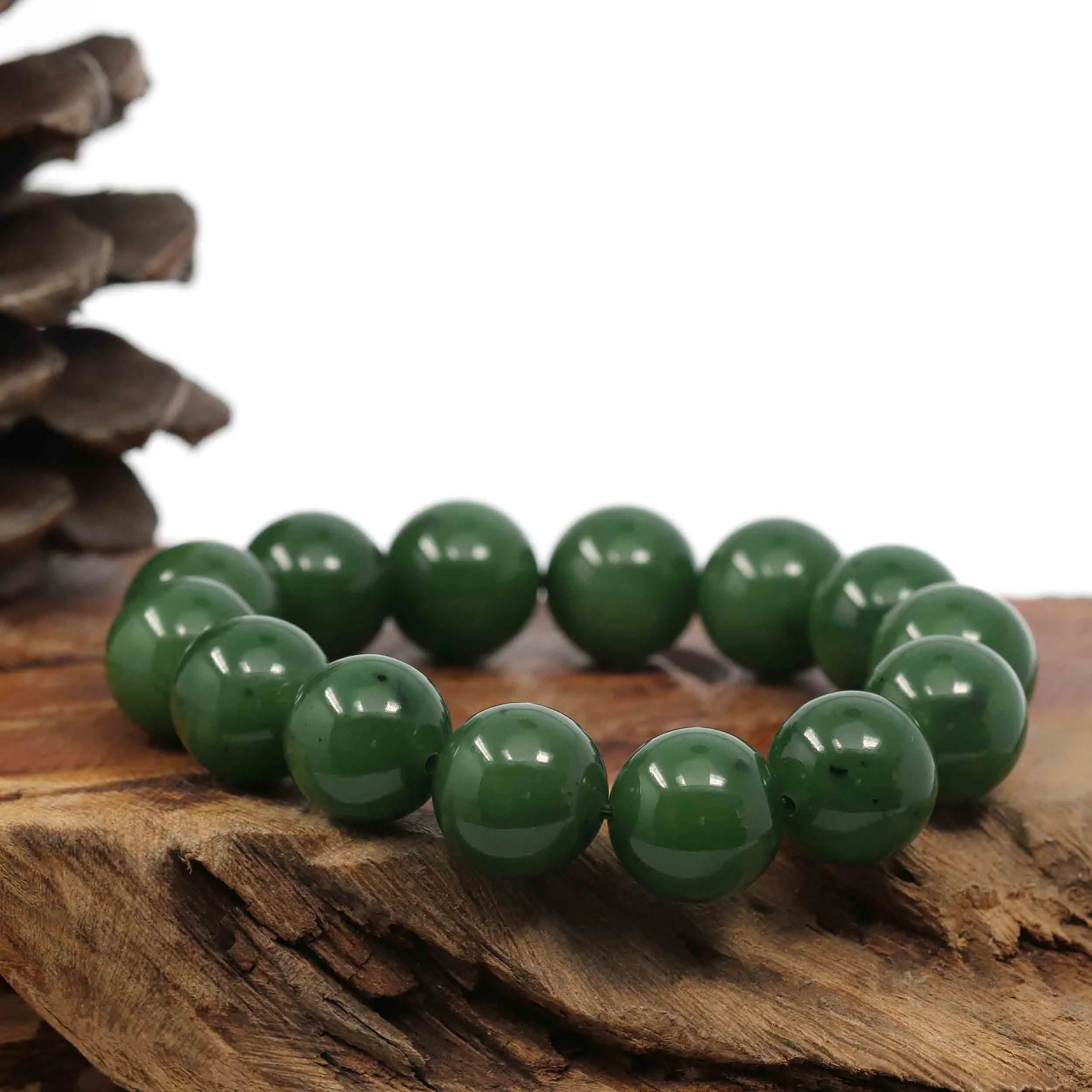 High RealJade® Co. Genuine Green Nephrite Jade Large Round Beads Men's Bracelet( 14.8mm )