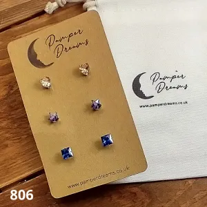 Hypoallergenic Stainless Steel CZ & Opalite Earring Set 3 Pairs Silver Colour 806