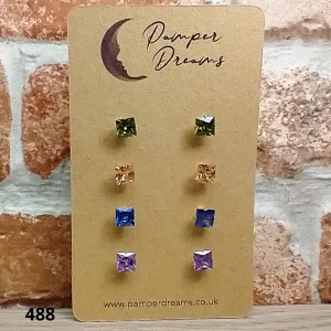 Hypoallergenic Stainless Steel CZ & Opalite Earring Set 4 Pairs Gold Colour -  488