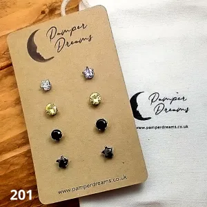 Hypoallergenic Stainless Steel CZ & Opalite Earring Set 4 Pairs Silver Colour -  201