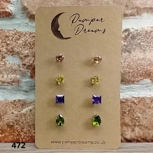 Hypoallergenic Stainless Steel CZ & Opalite Earring Set 4 Pairs Silver Colour -  472