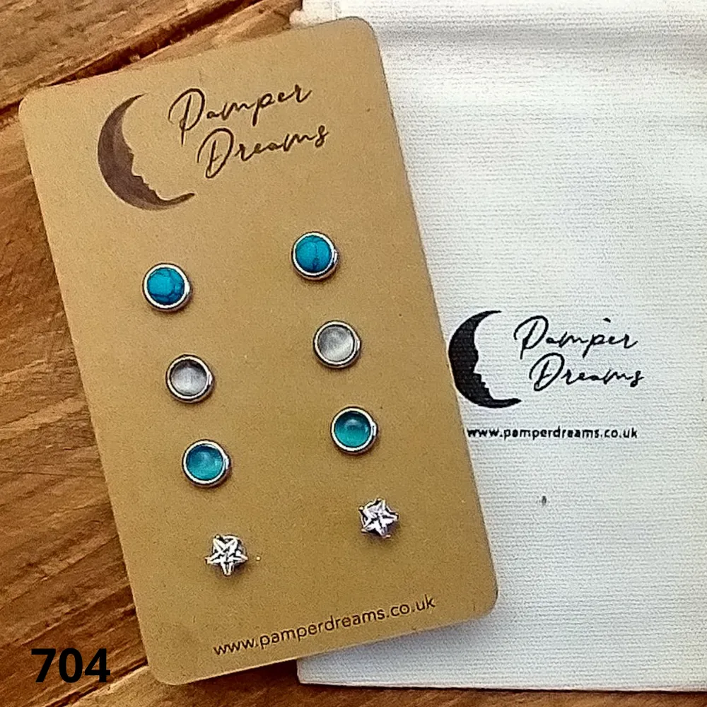 Hypoallergenic Stainless Steel CZ & Opalite Earring Set 4 Pairs Silver Colour -  704
