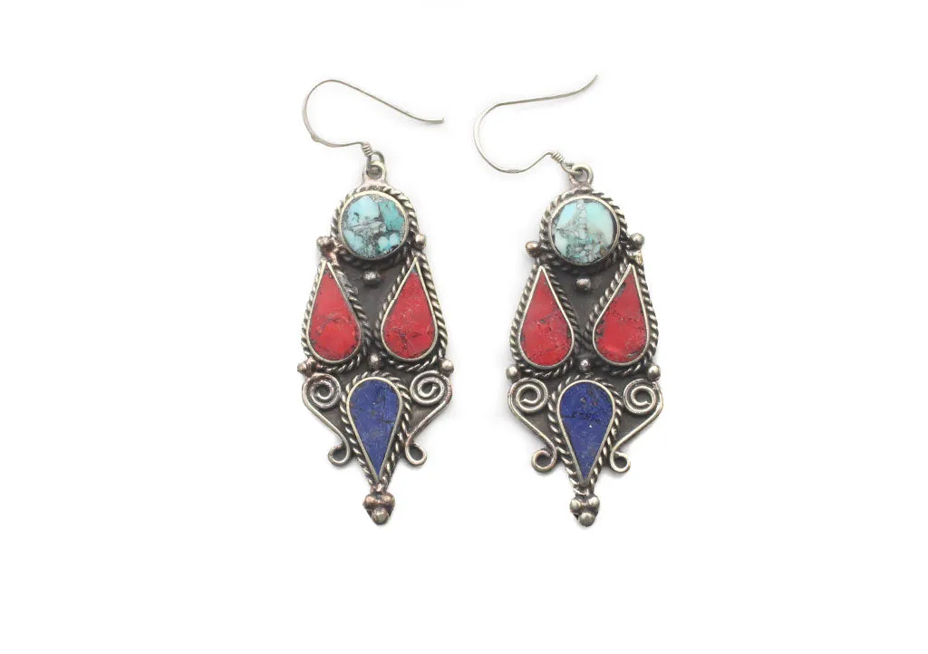 Inlaid Tribal Design Handmade White Metal Dangle Earrings
