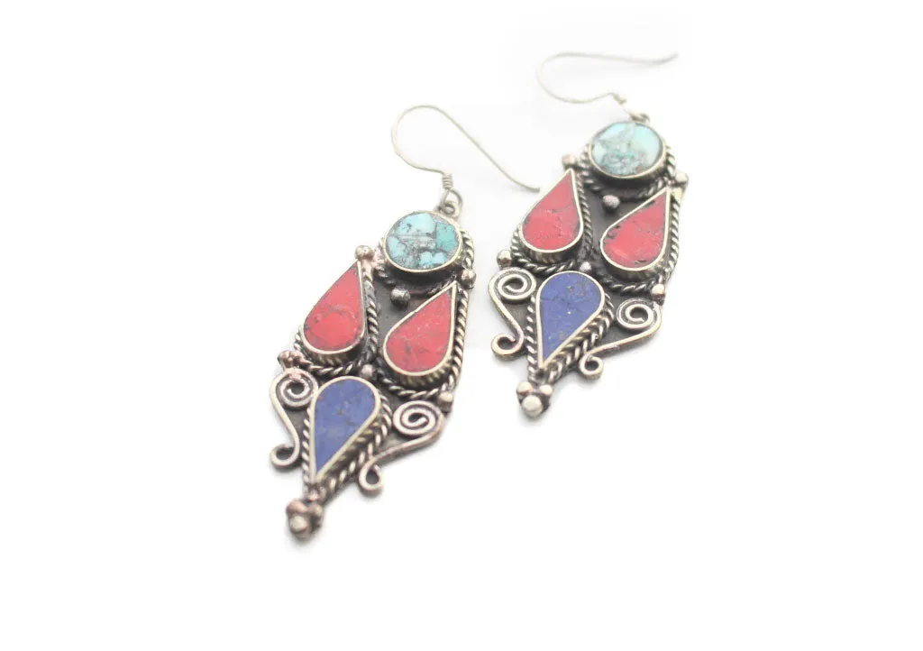 Inlaid Tribal Design Handmade White Metal Dangle Earrings
