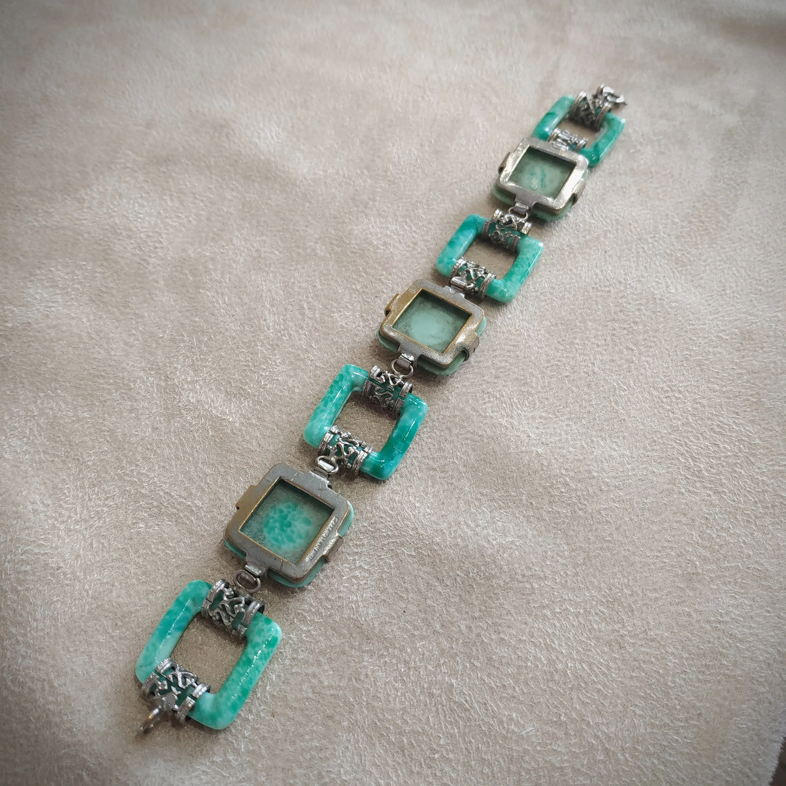 Jade Green Vintage Czech Glass Squares Bracelet