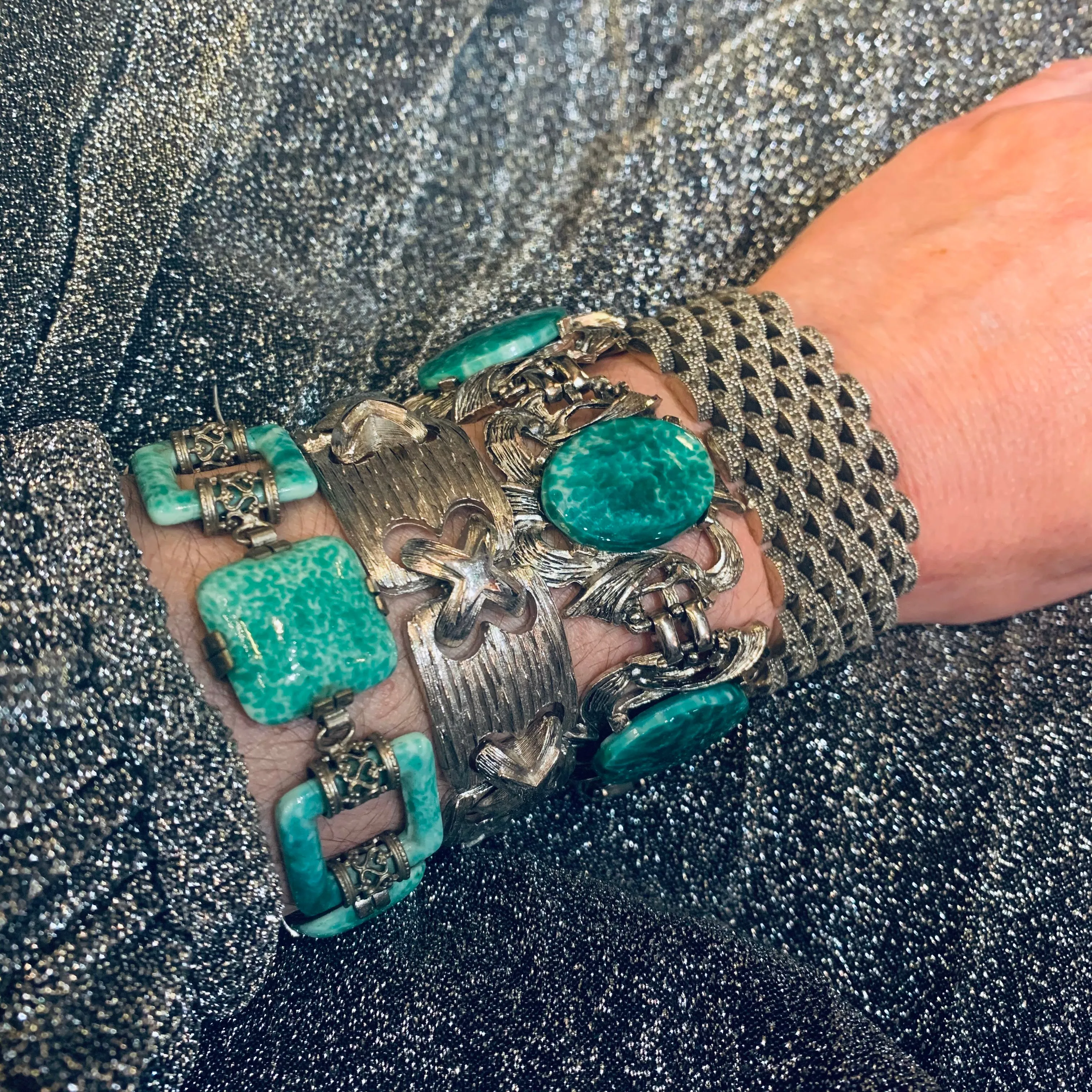 Jade Green Vintage Czech Glass Squares Bracelet