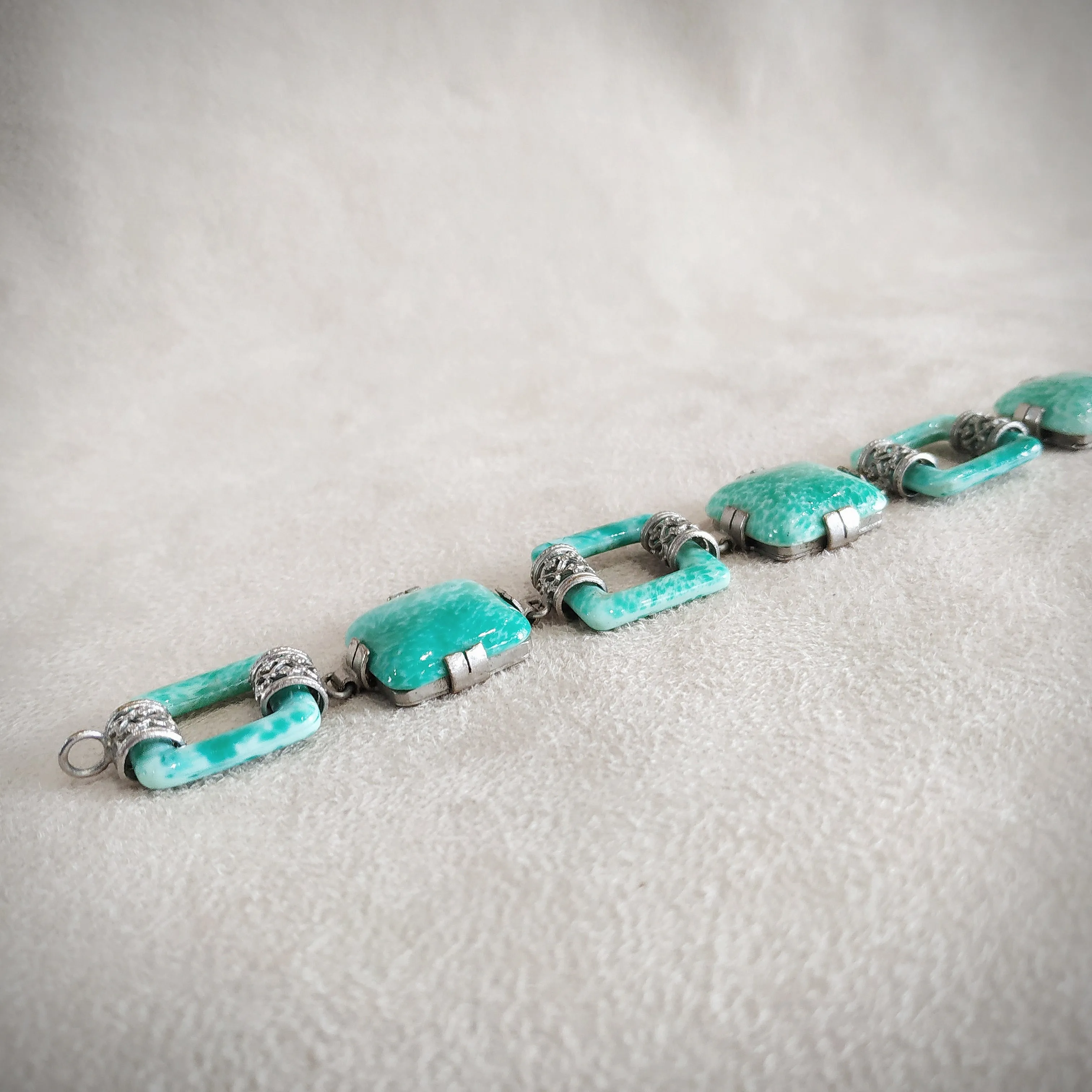 Jade Green Vintage Czech Glass Squares Bracelet