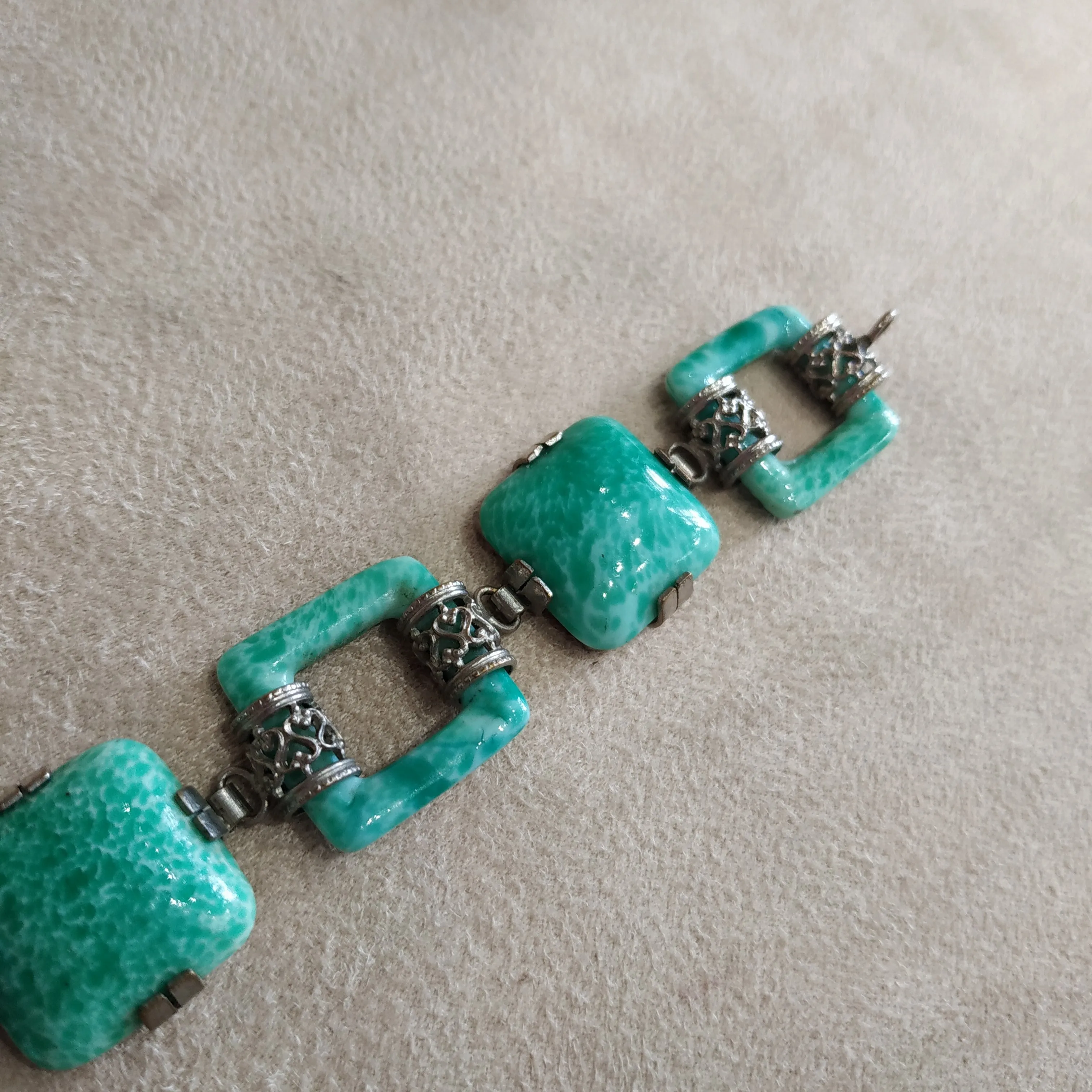 Jade Green Vintage Czech Glass Squares Bracelet