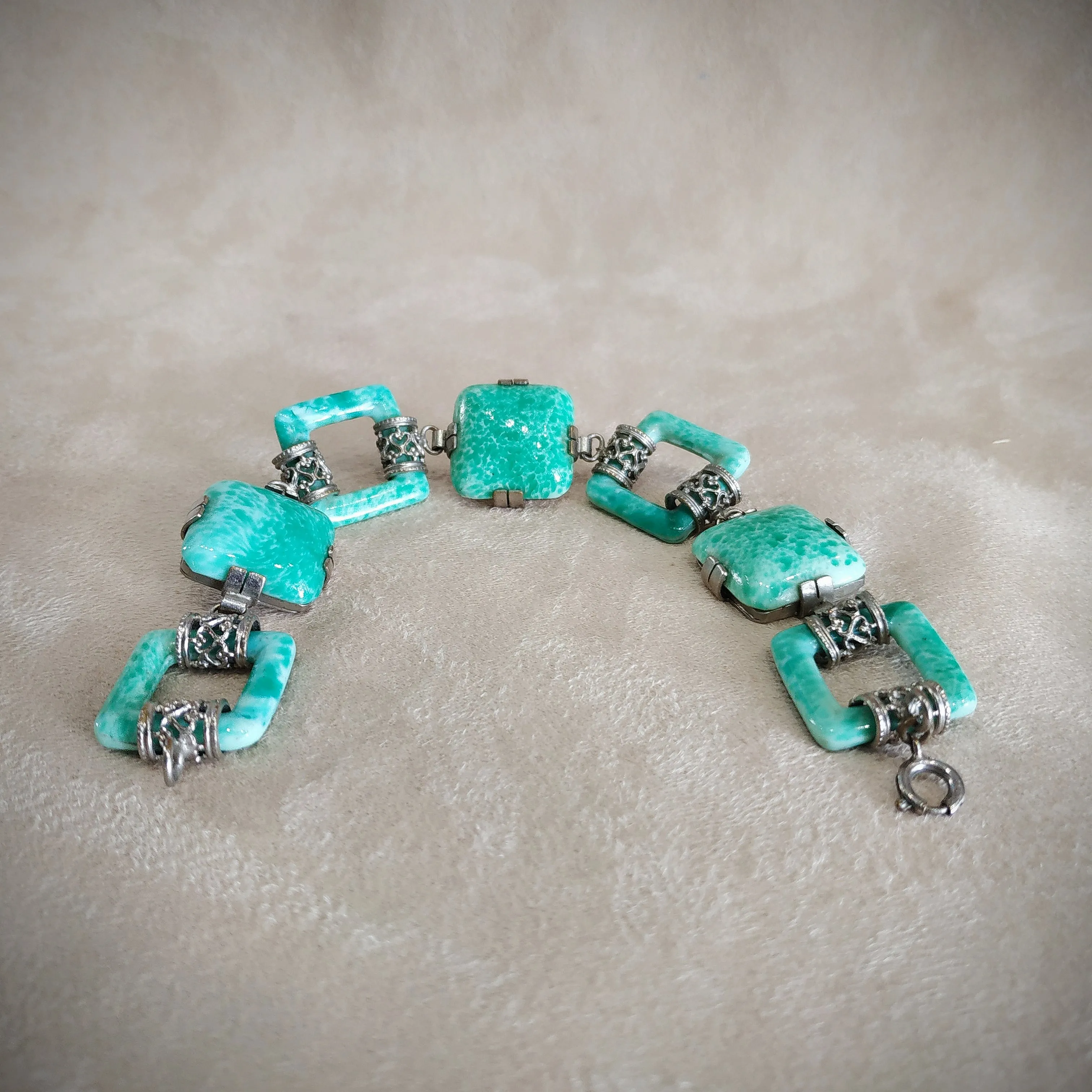 Jade Green Vintage Czech Glass Squares Bracelet