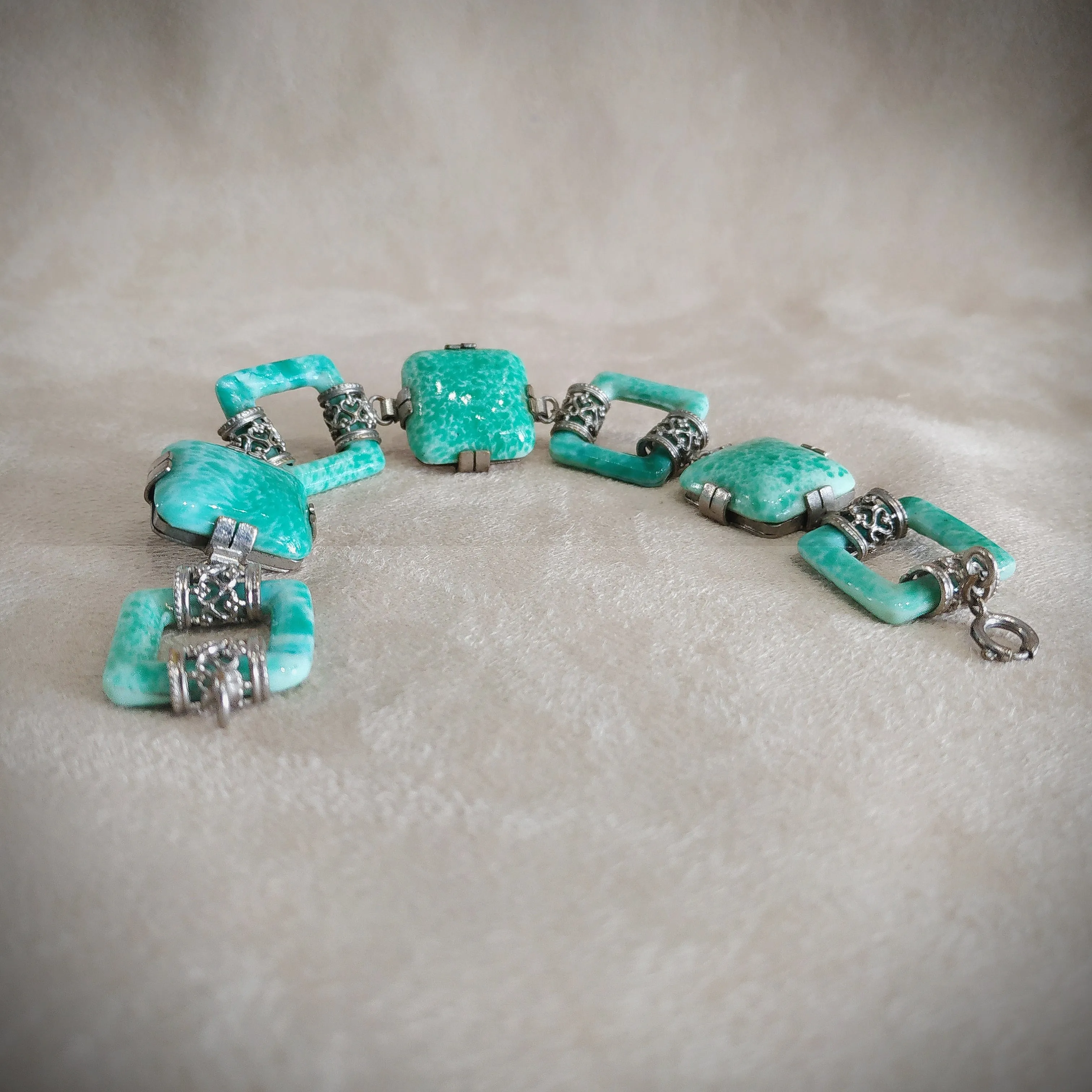 Jade Green Vintage Czech Glass Squares Bracelet
