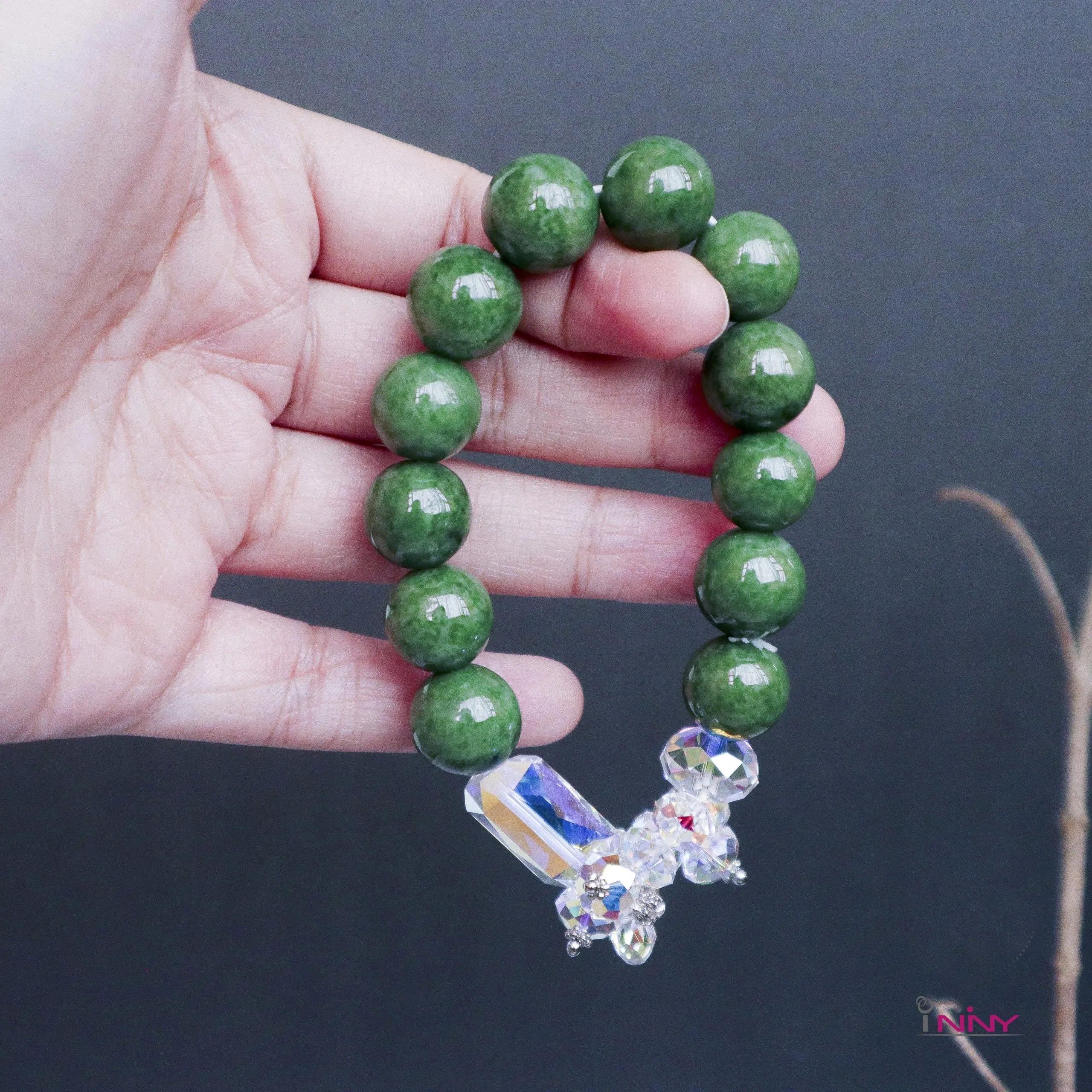 Jadeite Jade with Flower Crystal Bracelet