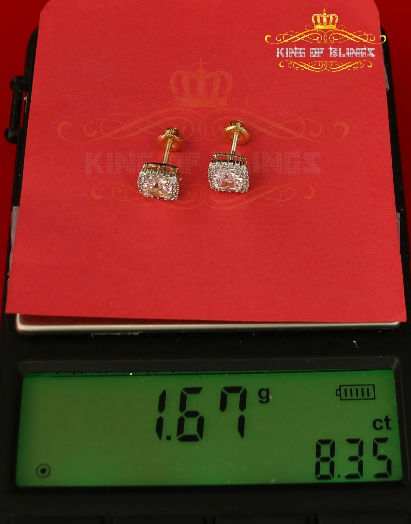 King of Bling's 925 Yellow Silver 2.58ct Cubic Zirconia Women's & Men's Hip Hop Square Earrings