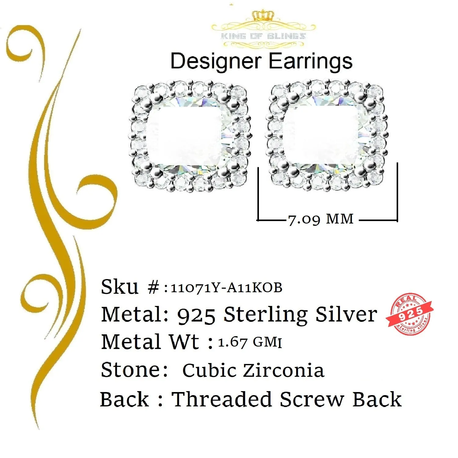 King of Bling's 925 Yellow Silver 2.58ct Cubic Zirconia Women's & Men's Hip Hop Square Earrings