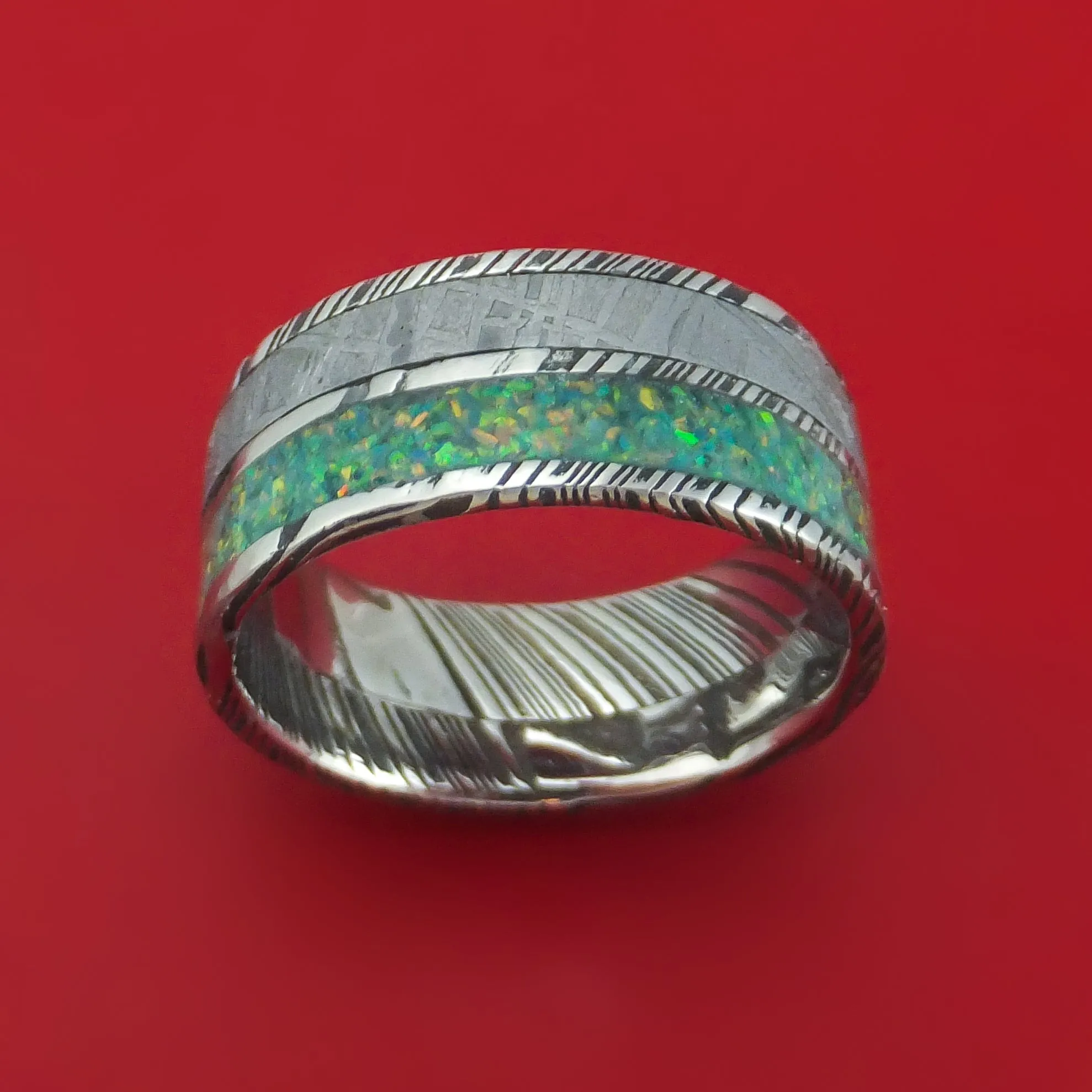 Kuro Damascus Steel and Meteorite Ring with Opal Custom Made Band