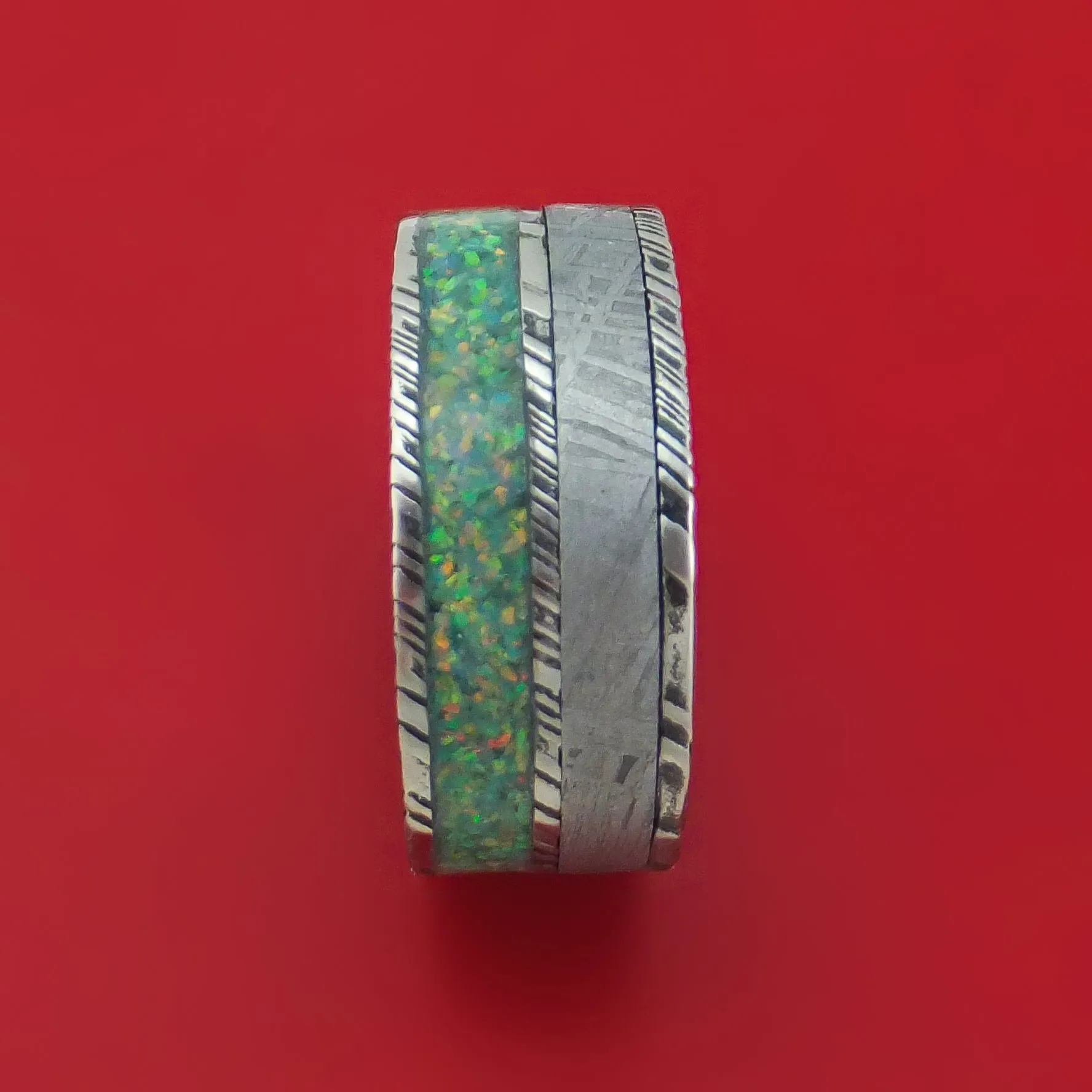 Kuro Damascus Steel and Meteorite Ring with Opal Custom Made Band