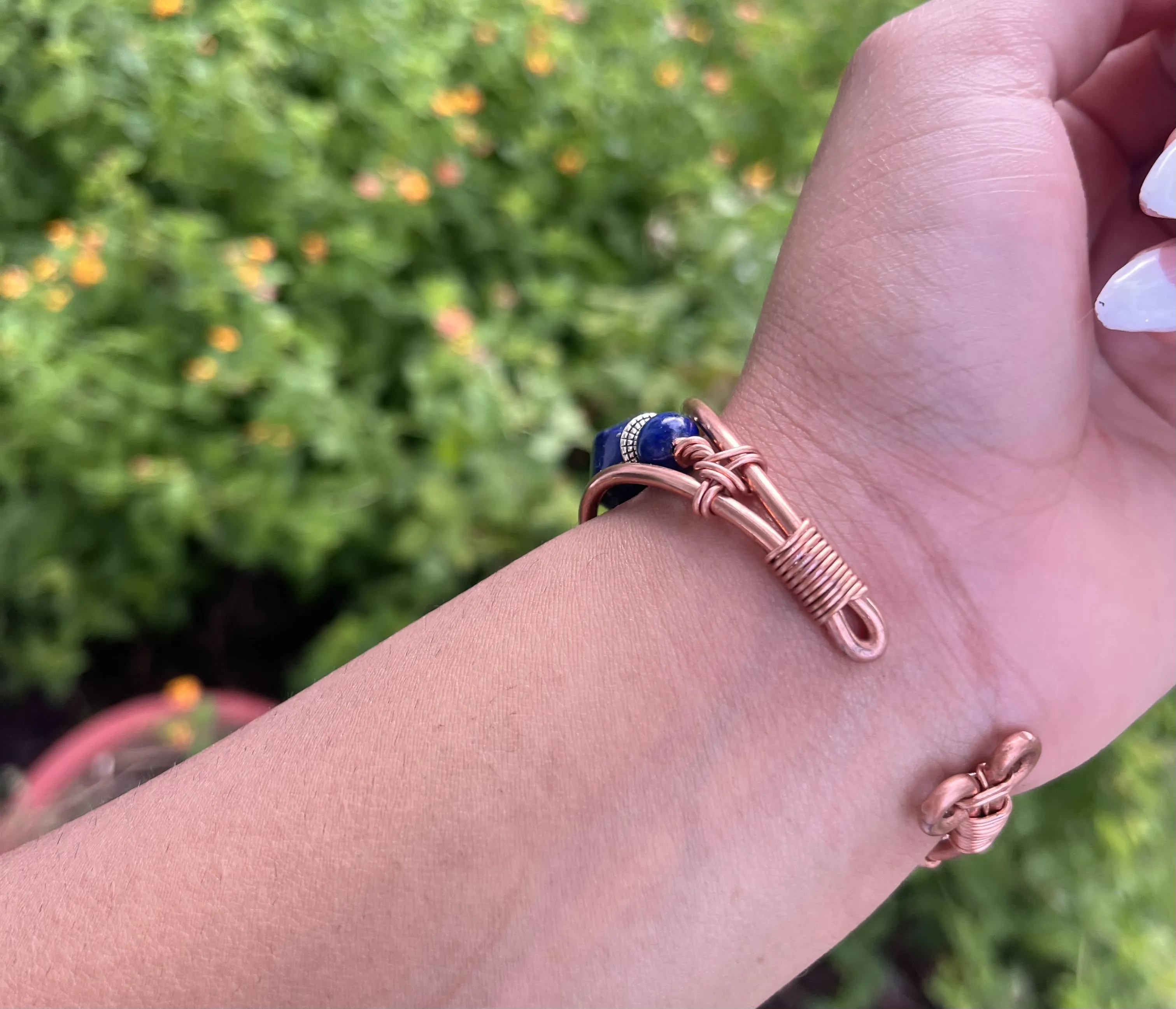 Lapis Lazuli with 6-Sided Faceted Oval Lapis Side Stones Handmade Wirewrapped Bracelet