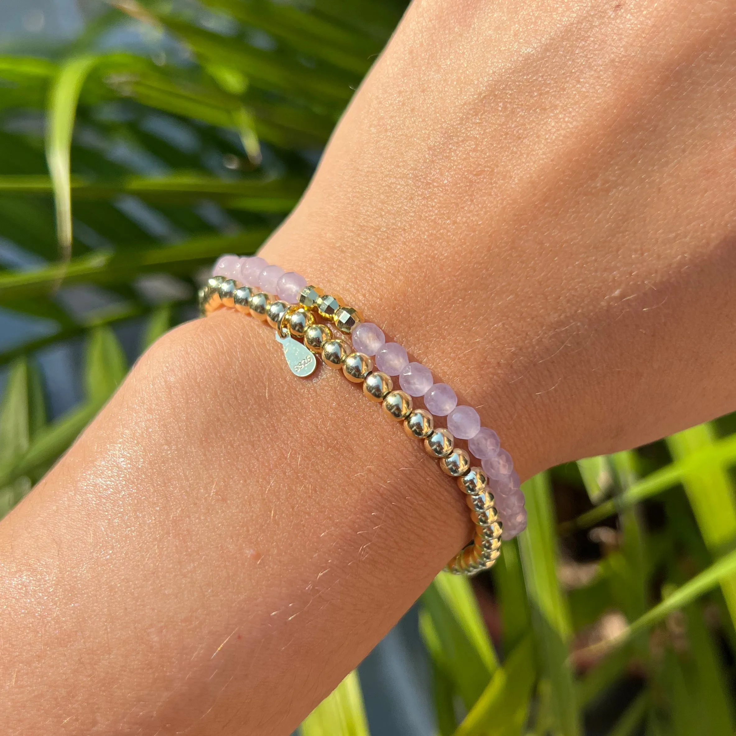 Lavender Jade And Gold Beaded Bracelet Stack 4mm