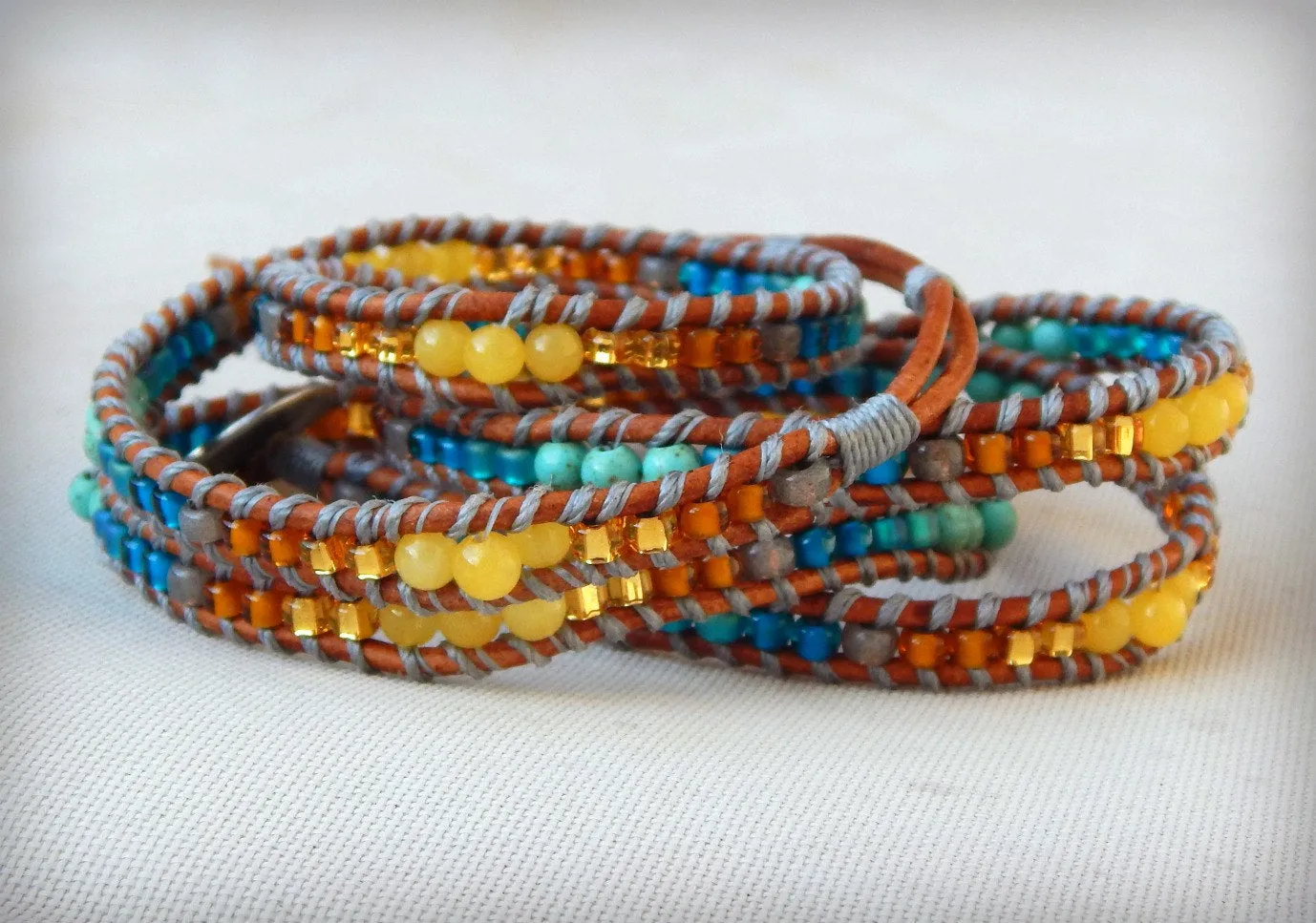Leather Beaded 5x wrap bracelet with Honey Jade and Turquoise Magnesite