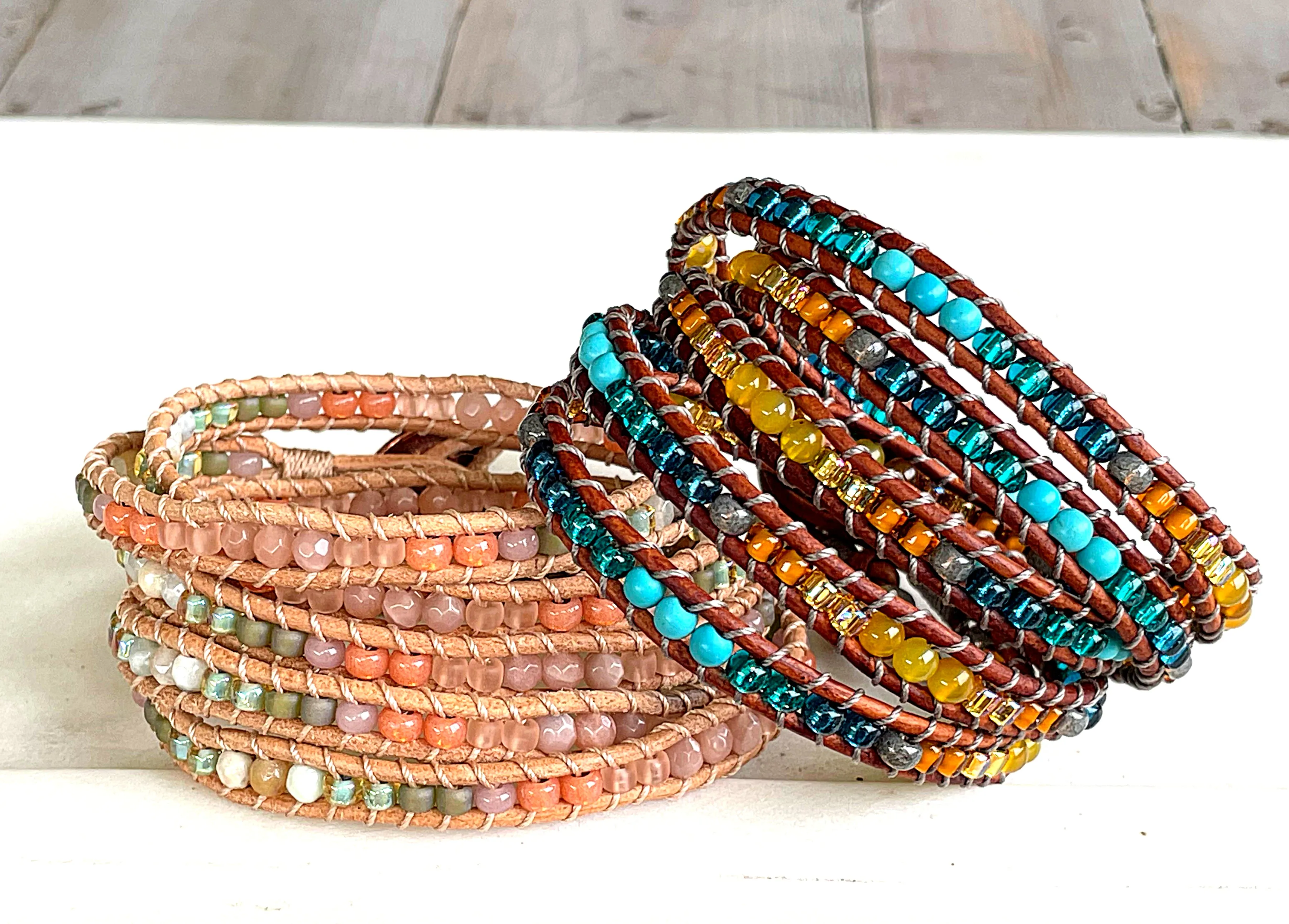 Leather Beaded 5x wrap bracelet with Honey Jade and Turquoise Magnesite
