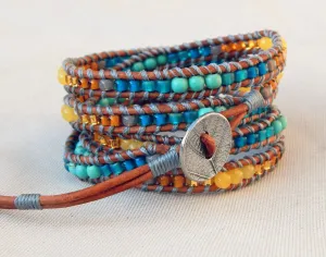 Leather Beaded 5x wrap bracelet with Honey Jade and Turquoise Magnesite