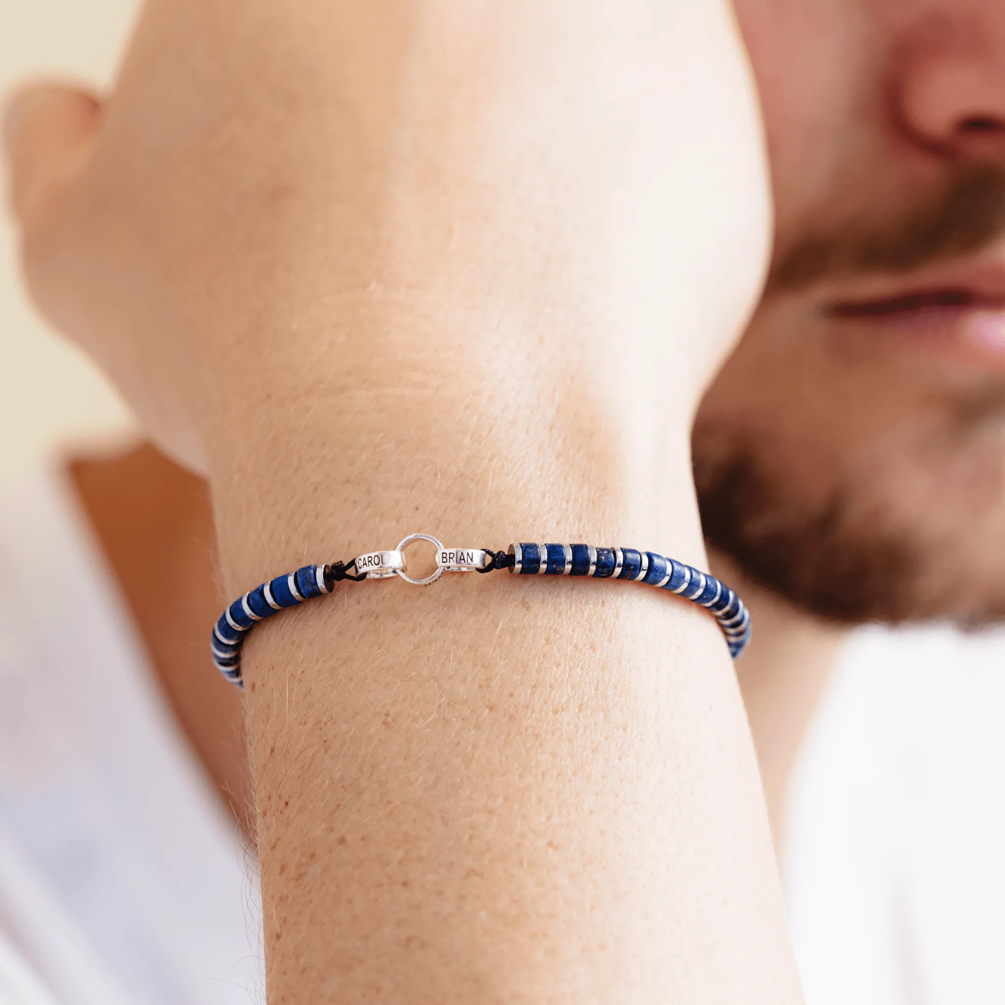 Men's Blue Lapis Disc Bead & Forever Links Bracelet - 925 Sterling Silver