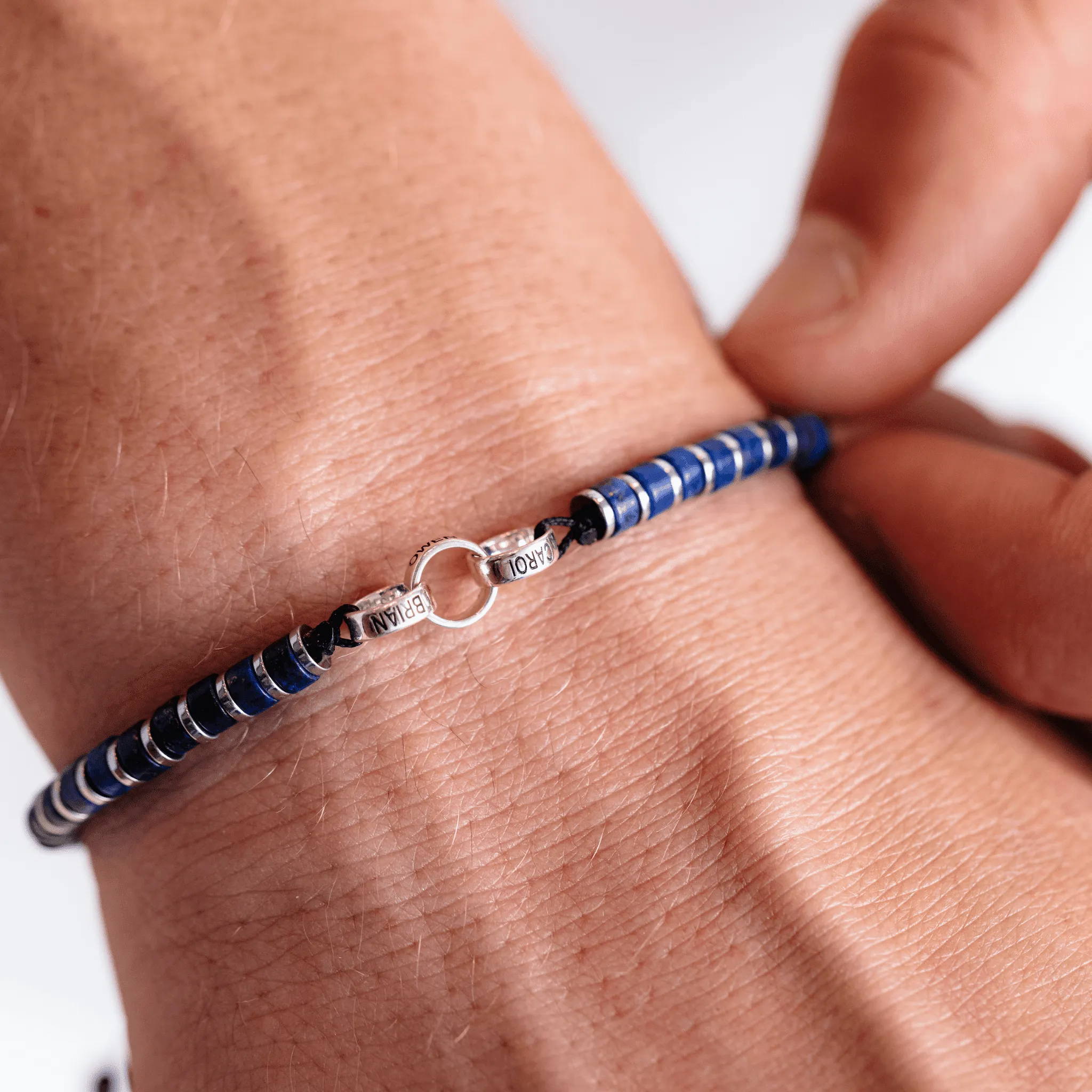 Men's Blue Lapis Disc Bead & Forever Links Bracelet - 925 Sterling Silver