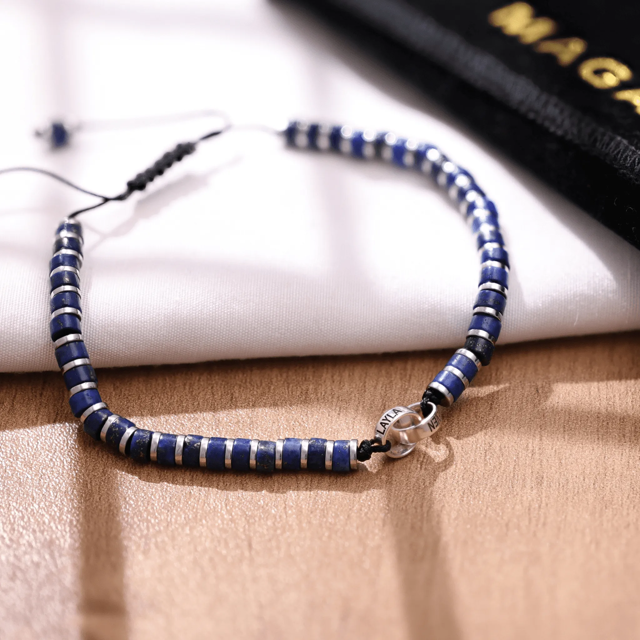 Men's Blue Lapis Disc Bead & Forever Links Bracelet - 925 Sterling Silver