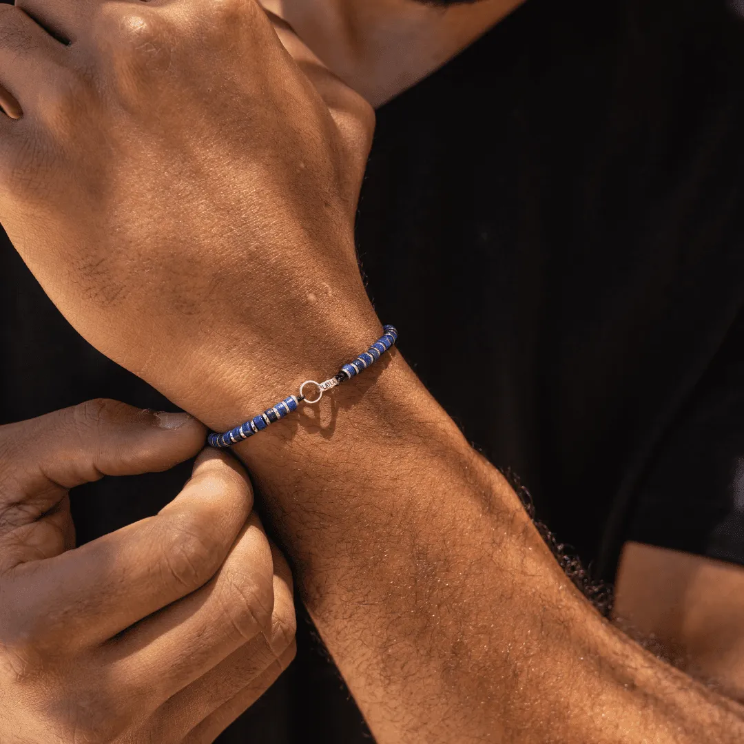 Men's Blue Lapis Disc Bead & Forever Links Bracelet - 925 Sterling Silver