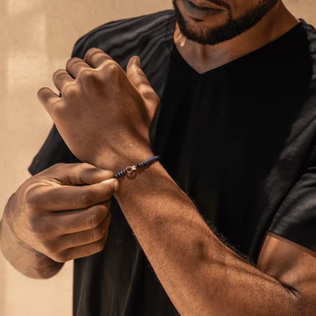 Men's Blue Lapis Disc Bead & Forever Links Bracelet - 925 Sterling Silver