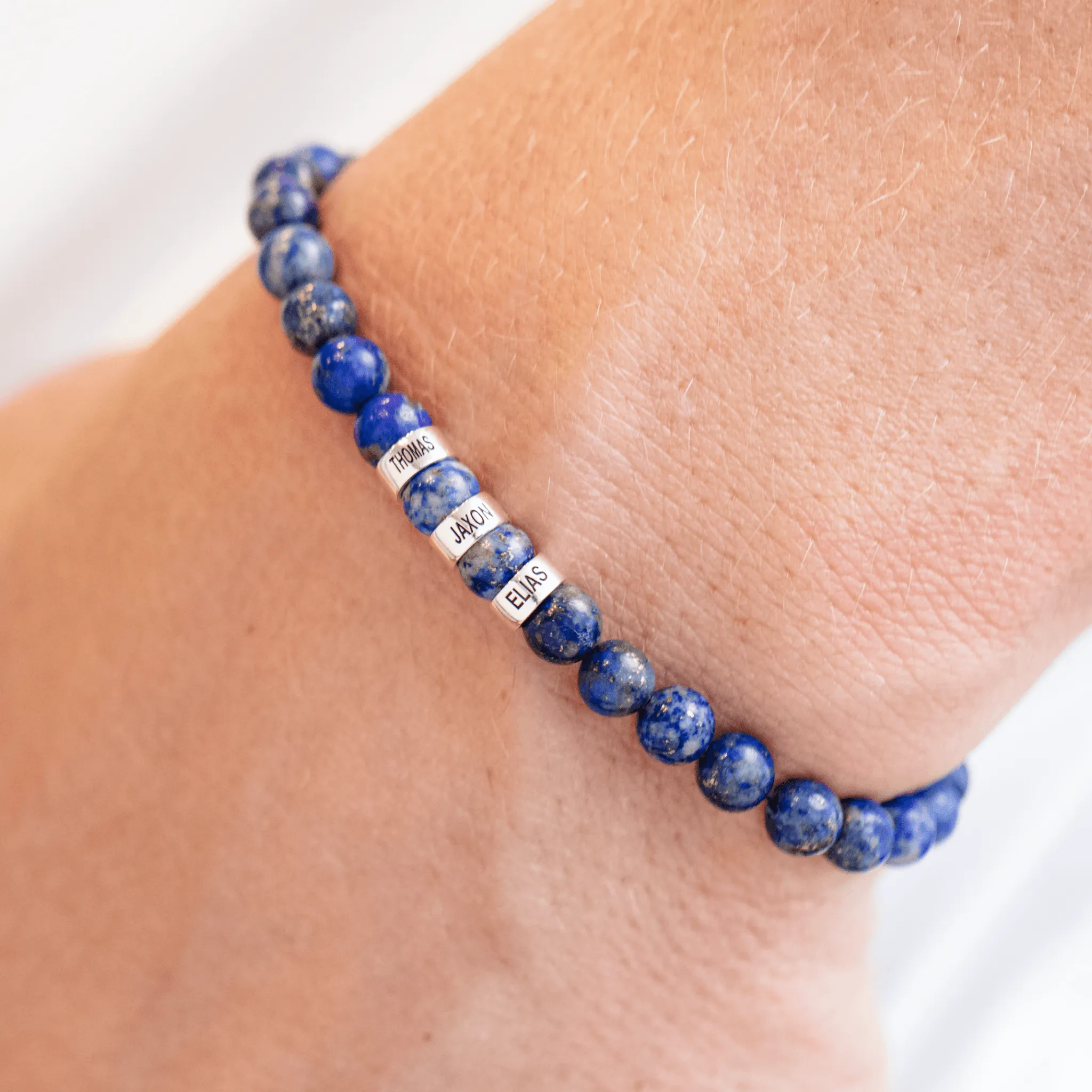 Men's Blue Lapis Engravable Bead Bracelet - 925 Sterling Silver
