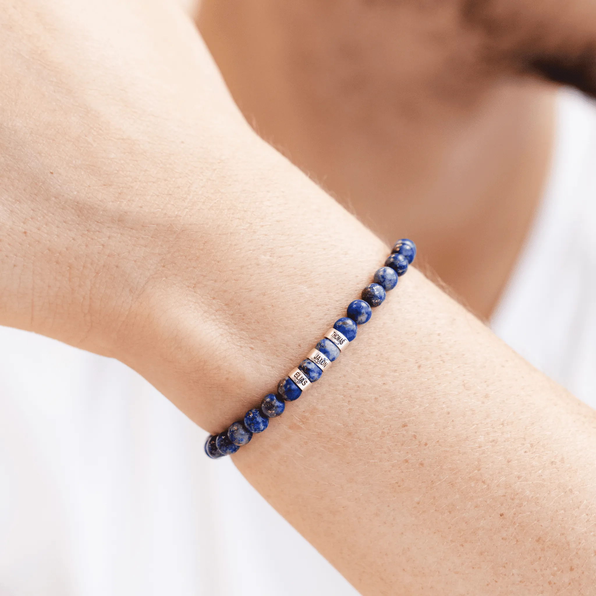 Men's Blue Lapis Engravable Bead Bracelet - 925 Sterling Silver