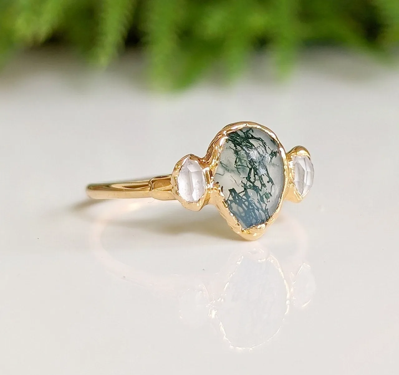 Moss Agate and Herkimer diamond engagement ring - Pear shape Moss Agate ring