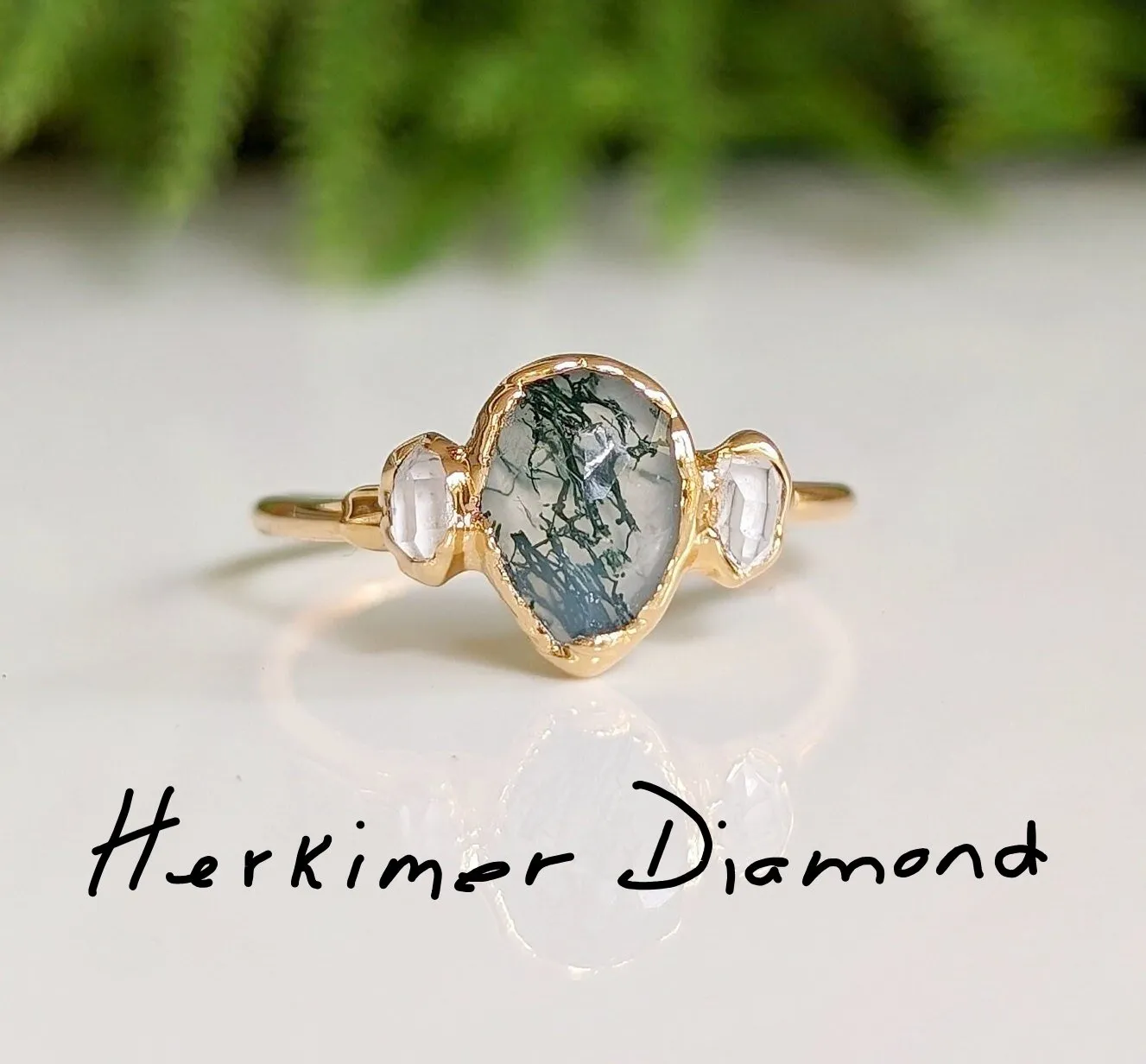 Moss Agate and Herkimer diamond engagement ring - Pear shape Moss Agate ring