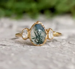 Moss Agate and Herkimer diamond engagement ring - Pear shape Moss Agate ring