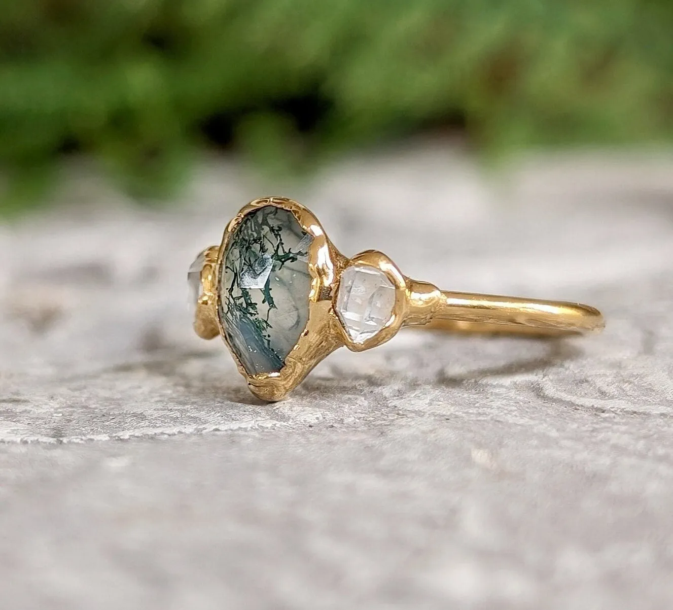 Moss Agate and Herkimer diamond engagement ring - Pear shape Moss Agate ring