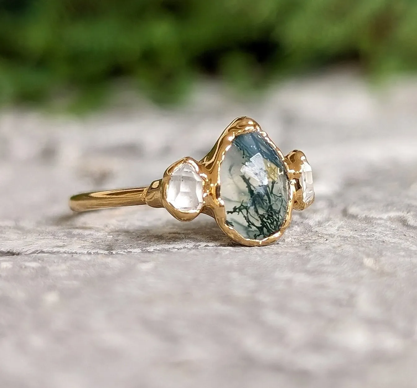 Moss Agate and Herkimer diamond engagement ring - Pear shape Moss Agate ring