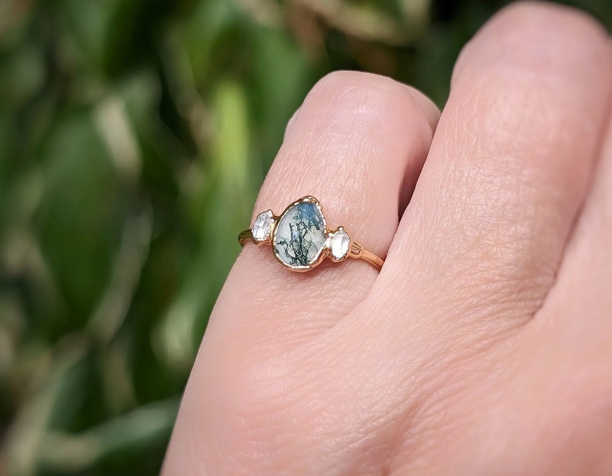 Moss Agate and Herkimer diamond engagement ring - Pear shape Moss Agate ring