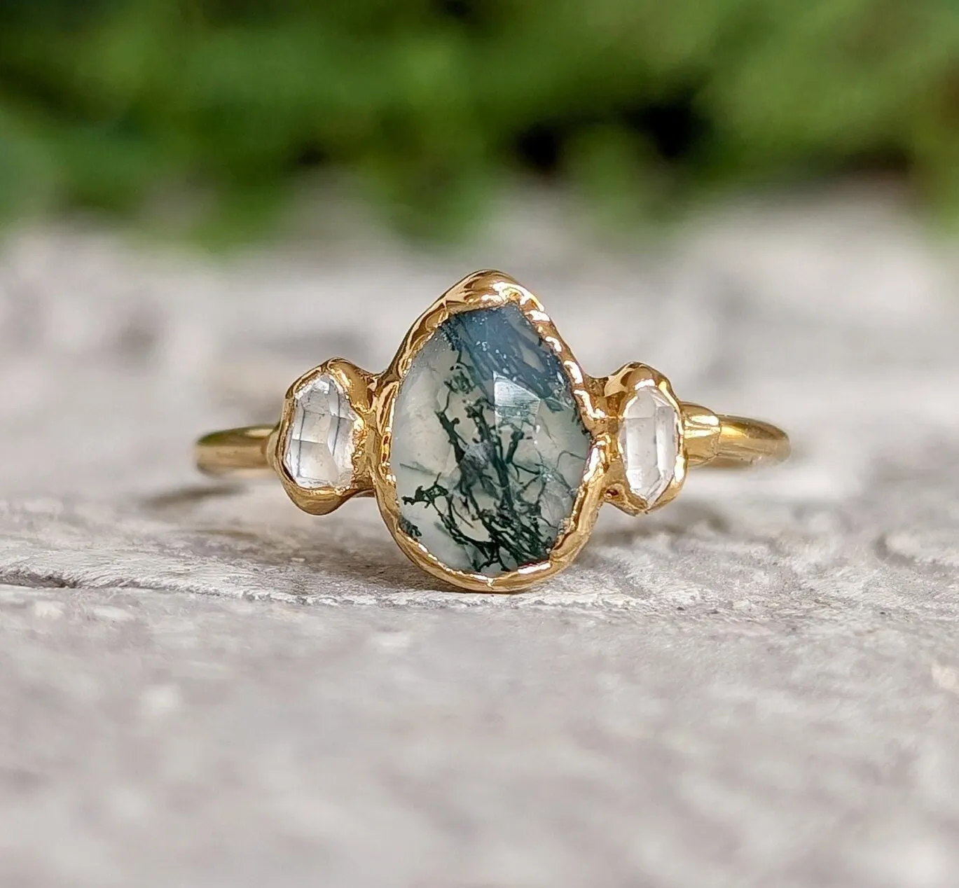 Moss Agate and Herkimer diamond engagement ring - Pear shape Moss Agate ring