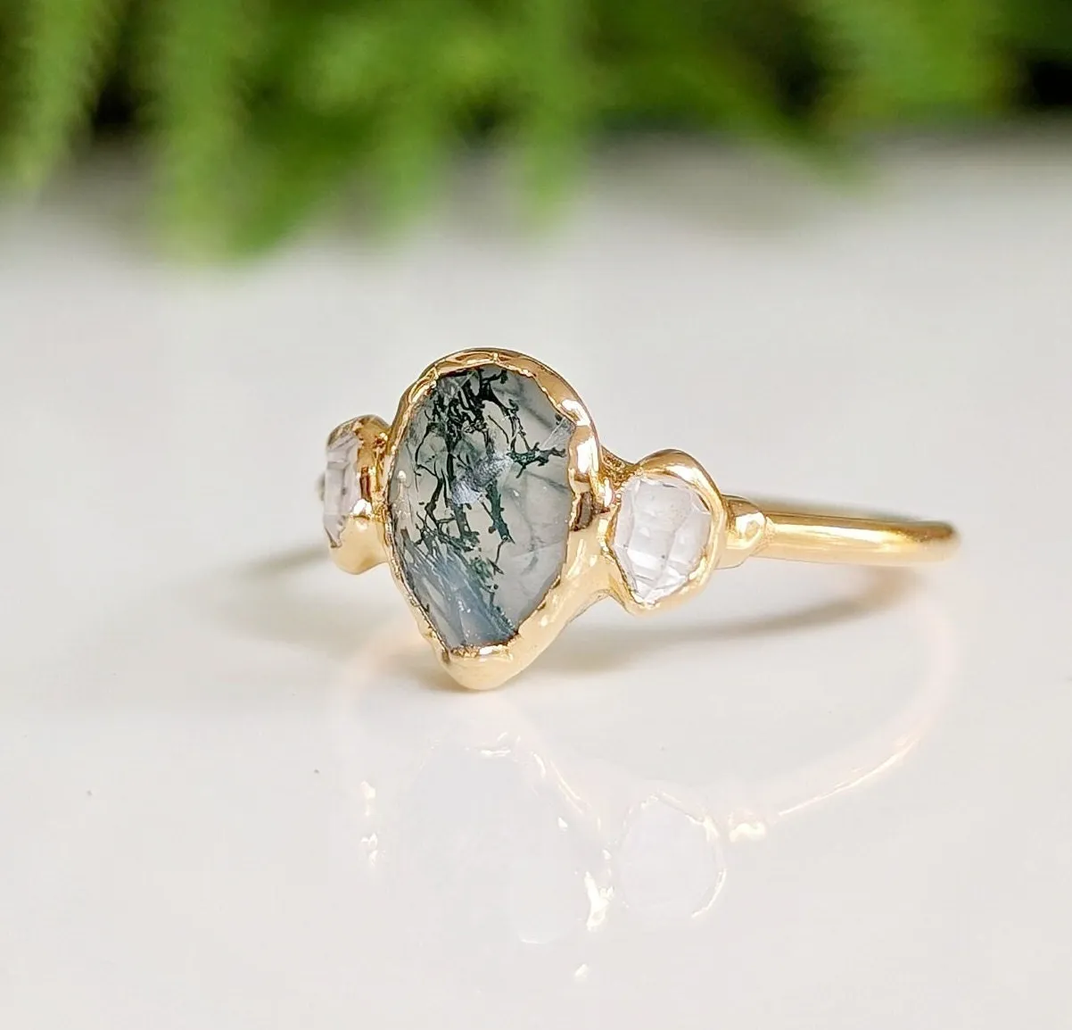 Moss Agate and Herkimer diamond engagement ring - Pear shape Moss Agate ring