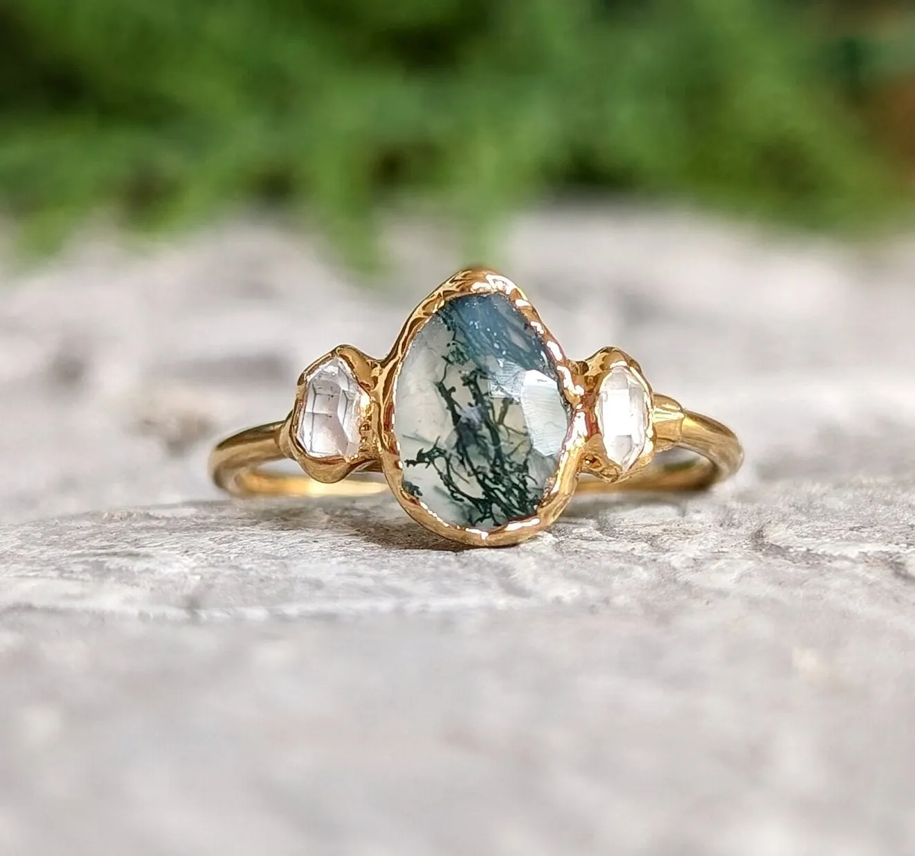 Moss Agate and Herkimer diamond engagement ring - Pear shape Moss Agate ring
