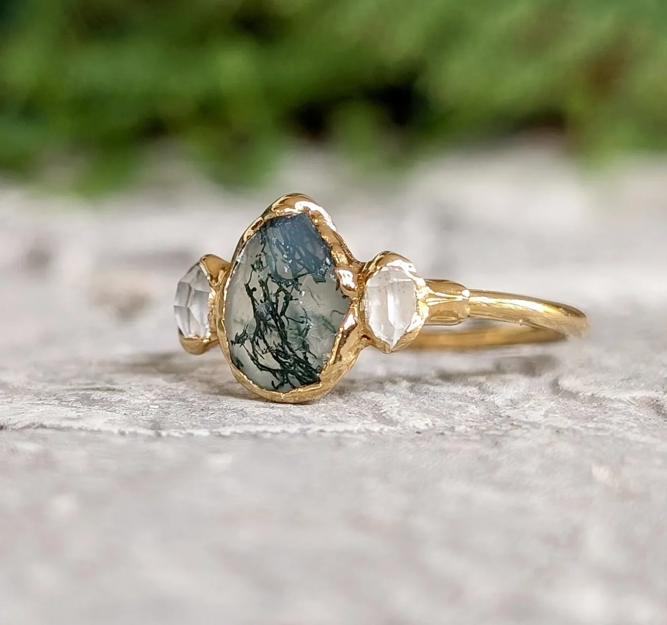Moss Agate and Herkimer diamond engagement ring - Pear shape Moss Agate ring