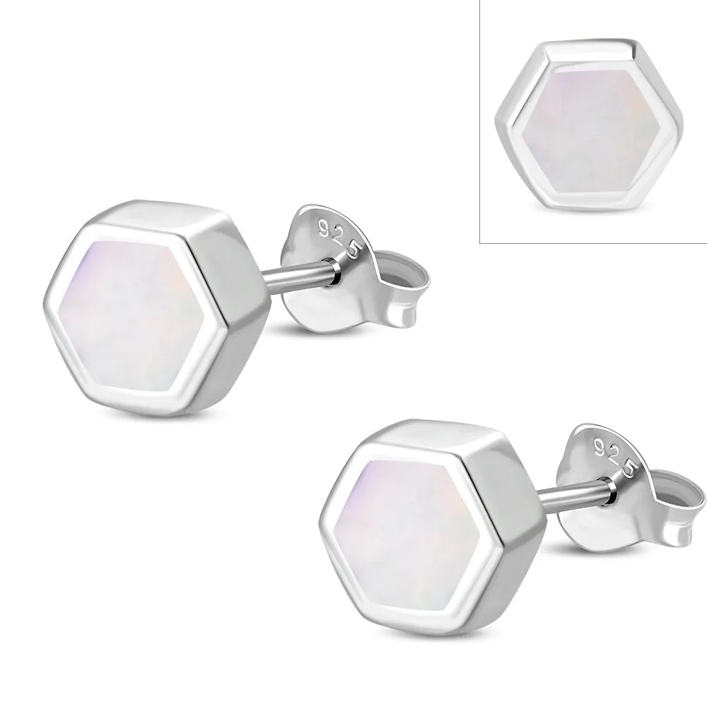 Mother of Pearl Hexagon Silver Stud Earrings