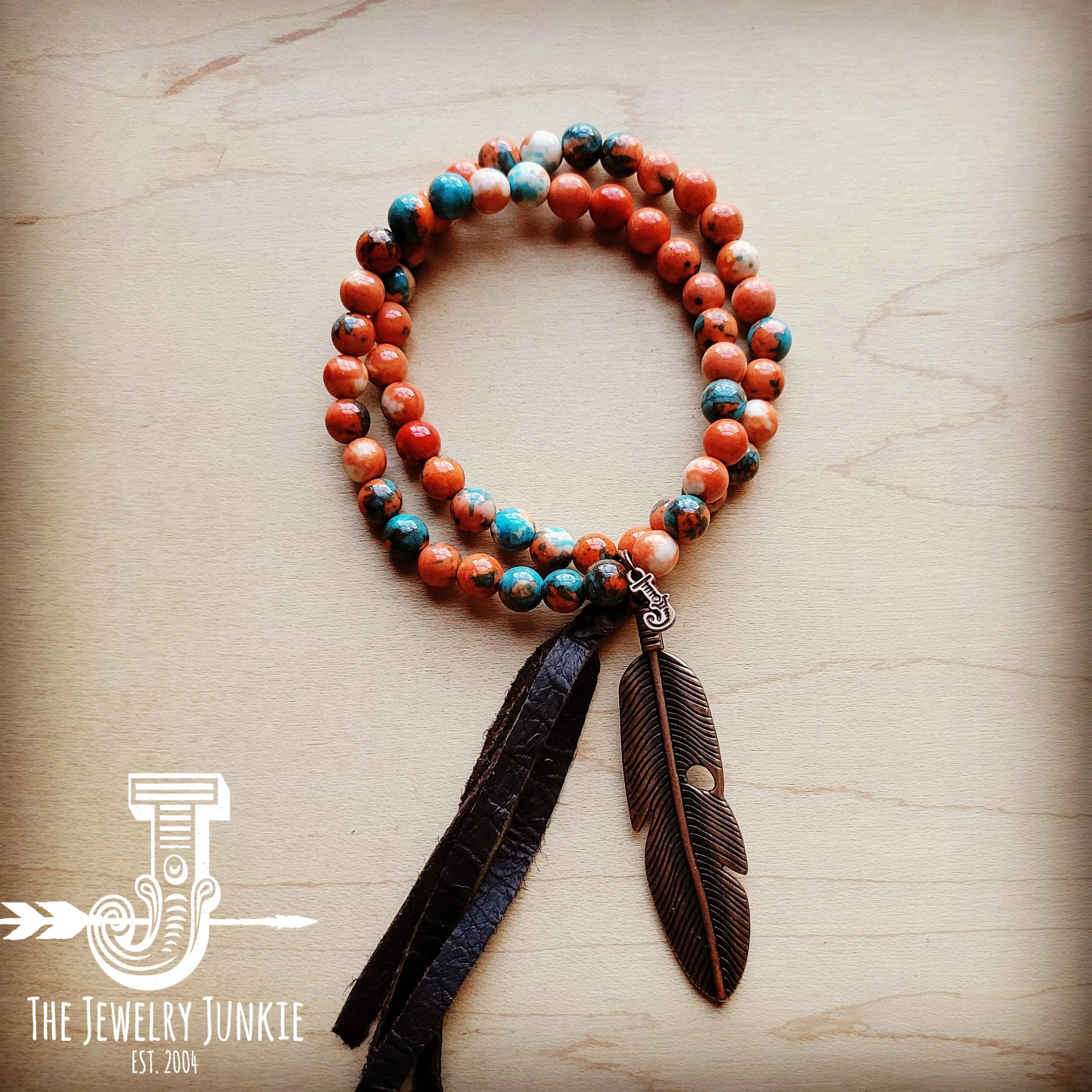 **Multi-Colored Double Strand Jade Bracelet w/ Feather and Tassel 806p