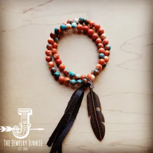 **Multi-Colored Double Strand Jade Bracelet w/ Feather and Tassel 806p