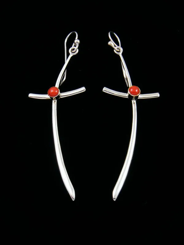 Native American Coral Dangle Cross Earrings
